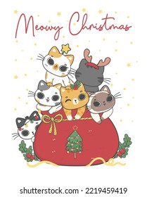 Cute Christmas cats illustration, featuring an Adorable kawaii character with holiday decorations. Perfect for festive designs and Xmas greeting cards