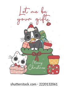 Cute Christmas cats illustration, featuring an Adorable kawaii character with holiday decorations.  Perfect for festive designs and Xmas greeting cards