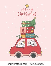 Cute Christmas cats riding in a red car, Winter road trip, kawaii cartoon doodle hand drawing illustration. Perfect for greeting cards, these festive felines capture the joy of the season.