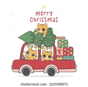 Cute Christmas cats riding in a red car, kawaii cartoon doodle hand drawing illustration. Perfect for greeting cards, these festive felines capture the joy of the season.