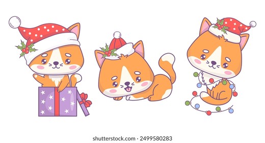 Cute Christmas cats in Santa hat in gift box and with festive garland. Isolated New Year cartoon kawaii animal character. Vector illustration