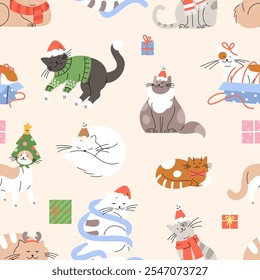 Cute christmas cats seamless pattern. Cat in Santa Claus red hat, sweater, with gifts. Winter holiday funny print template, vector background