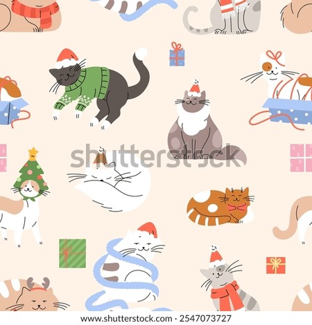Cute christmas cats seamless pattern. Cat in Santa Claus red hat, sweater, with gifts. Winter holiday funny print template, vector background