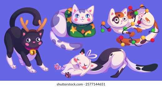 Cute Christmas cats set isolated on background. Vector cartoon illustration of funny pets wearing knitted sweater, Santa Claus beard, deer horns, animal playing with garland, greeting card mascots