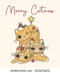 Cute Christmas cats tree illustration, featuring an Adorable kawaii character with holiday decorations. Perfect for festive designs and Xmas greeting cards