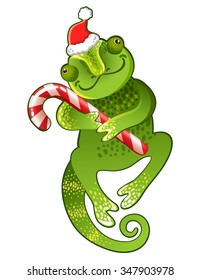 Cute christmas chameleon. Green. Vector