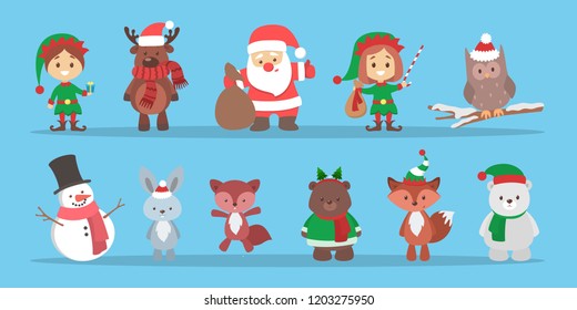 Cute christmas character celebrating a winter holiday set. Santa Claus and fox, snowman and pig. Xmas celebration. Flat vector illustration