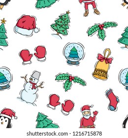cute christmas character and decoration in seamless pattern with doodle style