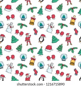 cute christmas character and decoration in seamless pattern with doodle style on white background