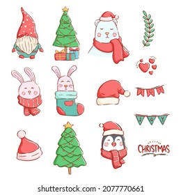 cute christmas character and elements with colorful hand drawing style