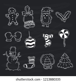 cute christmas character and elements with doodle art on chalkboard background