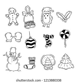cute christmas character and elements with doodle art