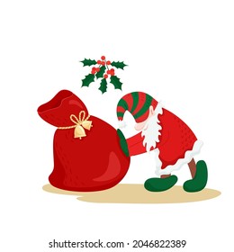 Cute Christmas character. Christmas elf, gnome, dressed in a Santa Claus costume with a sack of New Year's gifts, decorated with bells and a sprig of holly. Vector illustration in a flat style.