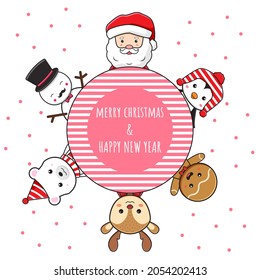 Cute christmas character greeting merry christmas and happy new year cartoon doodle card background illustration design flat cartoon style