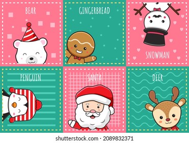 Cute christmas character greeting merry christmas and happy new year cartoon doodle card background illustration flat cartoon style