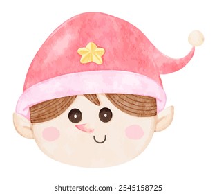 Cute Christmas character little elf wearing a Santa hat watercolor style vector illustration