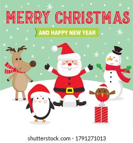 Cute Christmas character with Merry Christmas and Happy New Year banner