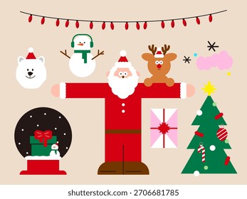 Niedliche Weihnachten Charakter und Objekt-Set, Weihnachtsmann, Schneemann, Rentier, Geschenk, Baum