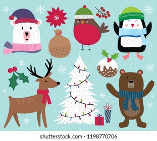 Cute Christmas character, reindeer, tree, penguin, bear, robin and Christmas ornament decoration, vector illustration