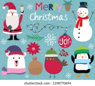 Cute Christmas character, Santa Clause, snowman, penguin, polar bear, robin and Christmas ornament decoration, vector illustration