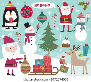 Cute Christmas character, Santa Clause, snowman, penguin, robin and Christmas ornament decoration, vector illustration