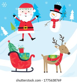 Cute Christmas character, Santa, Reindeer, Snowman and santa sleigh