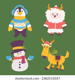 Cute Christmas Character Set. Penguin, Santa, Reindeer, Snowman. cute christmas character, christmas element, christmas collections. Vector Illustrations