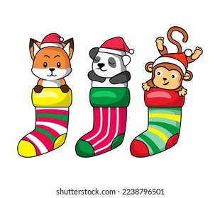 Cute Christmas character in sock, suitable for greeting card. Isolated on background