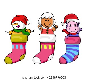Cute Christmas character in sock, suitable for greeting card. Isolated on background