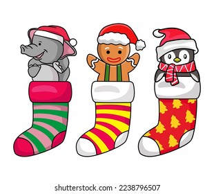 Cute Christmas character in sock, suitable for greeting card. Isolated on background