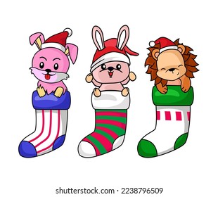 Cute Christmas character in sock, suitable for greeting card. Isolated on background