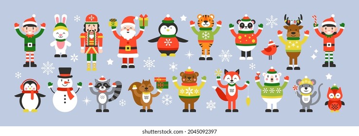 Cute Christmas characters and animals for graphic and web design