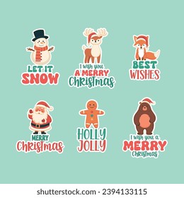 Cute Christmas characters badges, stickers set with quotes. Let it snow, I wish you a merry Christmas, Best wishes, Merry Christmas, Holly Jolly