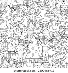 Cute Christmas characters black and white seamless pattern. Doodle background with kids decorating a Christmas tree, Santa, bear. Vector illustration