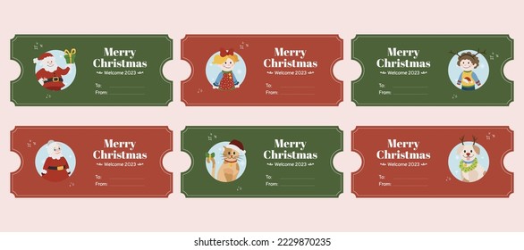 Cute Christmas character's card design. Red and green label set. Ready for print. Holiday greeting card collection.