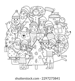 Cute Christmas characters circle shape pattern for coloring book. Doodle mandala with kids decorating a Christmas tree, Santa, bear. Vector illustration