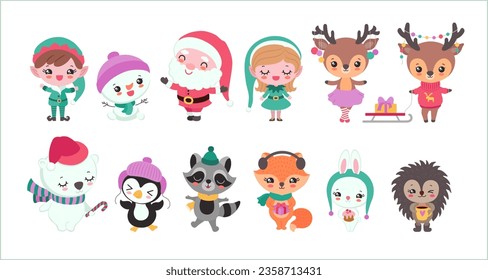 Cute Christmas characters clipart. Kawaii christmas icon set. Xmas festive collection cartoon vector illustration. Winter woodland animals. Kawaii santa claus, elves. reindeer, polar bear, penguin.