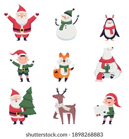 Cute Christmas Characters Collection. Funny Santa Claus, Snowman, Penguin, Fox, Elf, Polar Bear, Reindeer Cartoon Style Vector Illustration