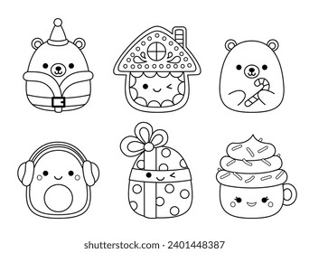 Personajes de Navidad. Colorido de la página. Squishmallow. Blanco y negro. Colóqueme. Kawaii. Pasos de ilustración vectorial aislados