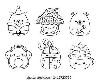 Cute Christmas characters. Coloring page. Squishmallow. Black and white. Kawaii, vector