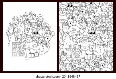 Cute Christmas characters coloring pages set in US Letter format. Doodle winter background with Santa, snowman and more. Vector illustration