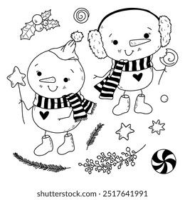 Cute Christmas characters coloring pages set. Doodle snowman and more. Vector illustration.