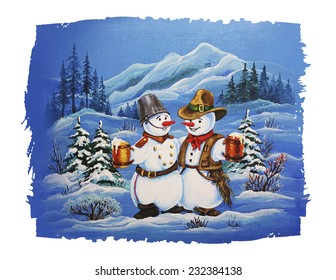 Cute Christmas Characters. Cowboy Snowman and Soldier Snowman Drinking Beer.  Christmas Card.