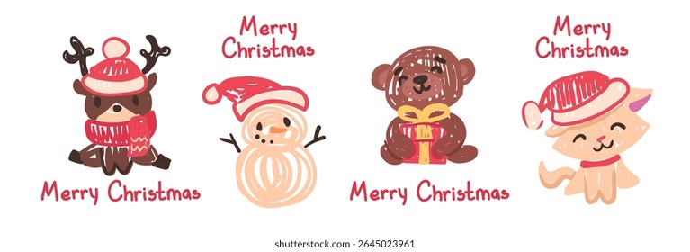 Cute Christmas characters, deer, cat, bear in crayon kid style. Hand-drawn doodle design for children, stickers, cards. Crayon, pastel chalk, pencil drawing in funny childlike way, simple vector set