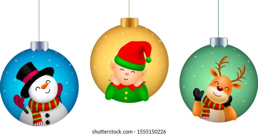 Cute Christmas characters design in Christmas ball, little elf, Snowman and Reindeer. Holly jolly, Merry Christmas and Happy new year concept. Vector illustration isolated on white background.