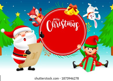 Cute Christmas Characters design on snow background, Santa Claus, little elf, rabbit and fox. Merry Christmas and Happy new year concept. Illustration.