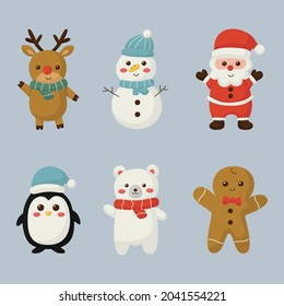 cute christmas characters elements set isolated on blue background. 