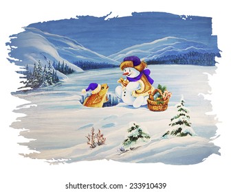 Cute Christmas Characters. Fisherman snowman fishing in front of winter landscape 