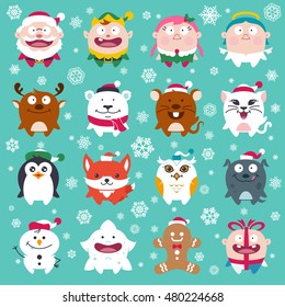 Cute Christmas Characters in Flat Style Vol.2 - Contain: owl, penguin, polar bear, reindeer, santa, snowman, star, angel, cat, dog, elf, fox, gift, gingerbread, girl, mouse.