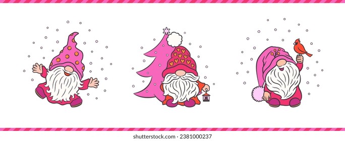 Cute Christmas characters fun gnomes winter outdoor fun. Pink magenta color palette. Pinkmas trend vector illustration. Xmas scandinavian gnome, pink christmas tree, cardinal bird, snow season.